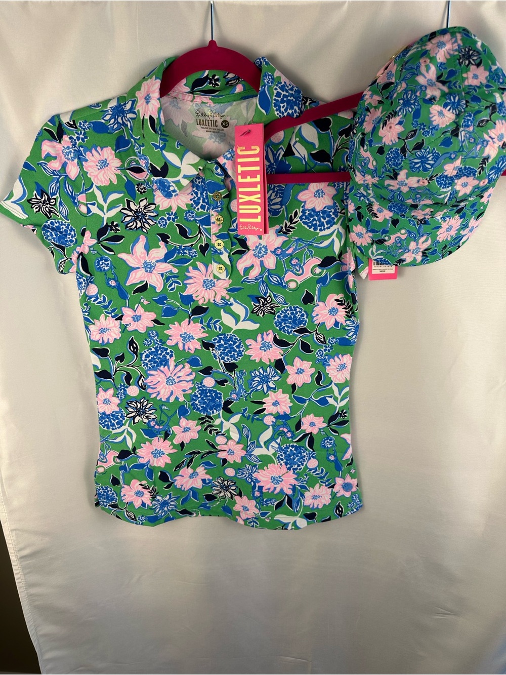 Lilly Pulitzer golf till you drop bundle, Frida scallop polo (XS), hat spearmint